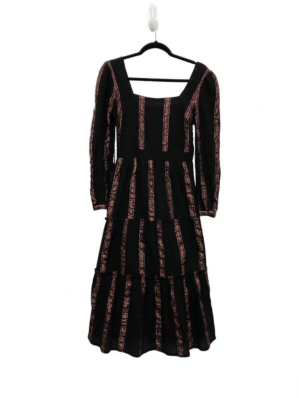 Adelyn Rae Boho Black Long Sleeve Dress Rose Gold Metallic Vertical Stripe Small
